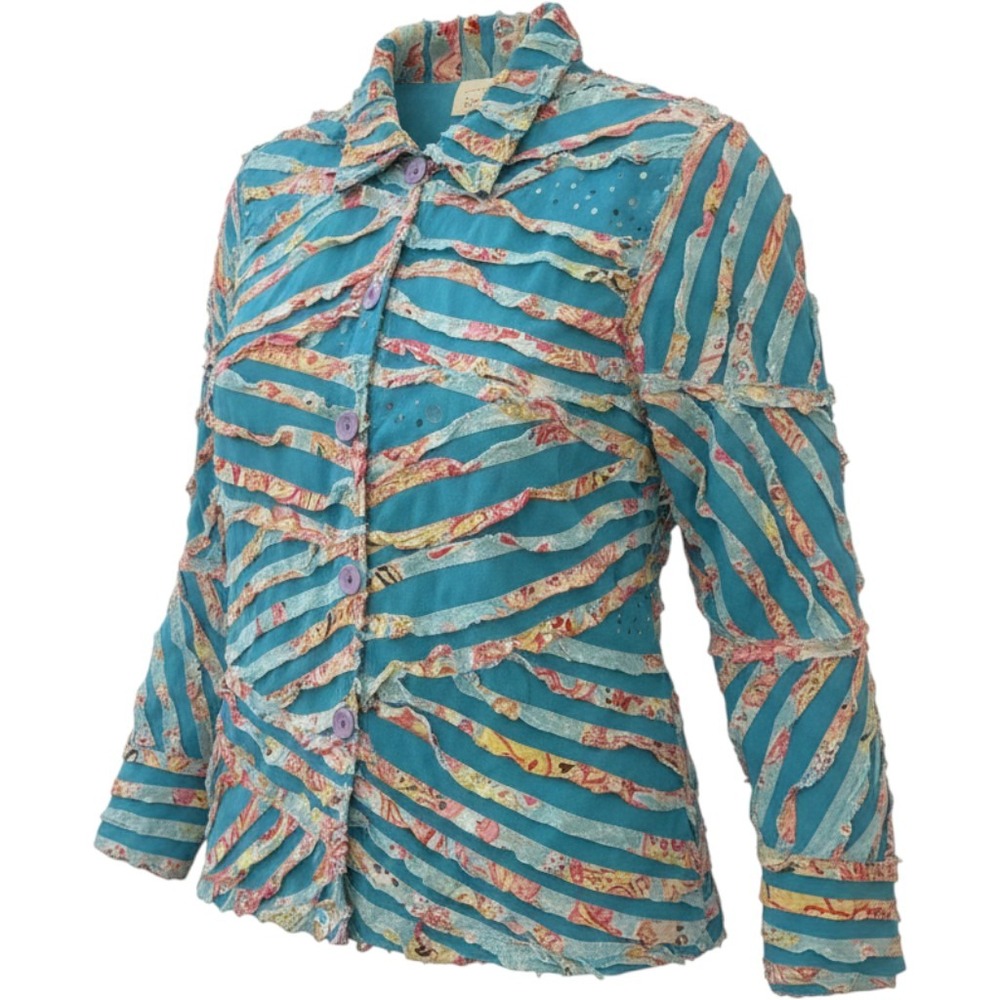 Tropico Turquoise Floral Raw Edge Sequin Embellished Button Front Jacket Medium
